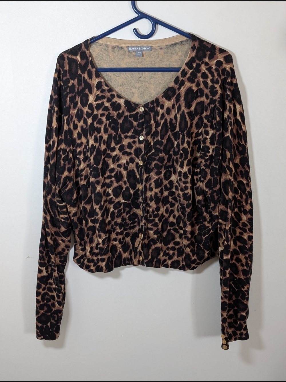 Jessica London Plus 26/28 Leopard Button Front Cardigan V-Neck Cotton Sweater